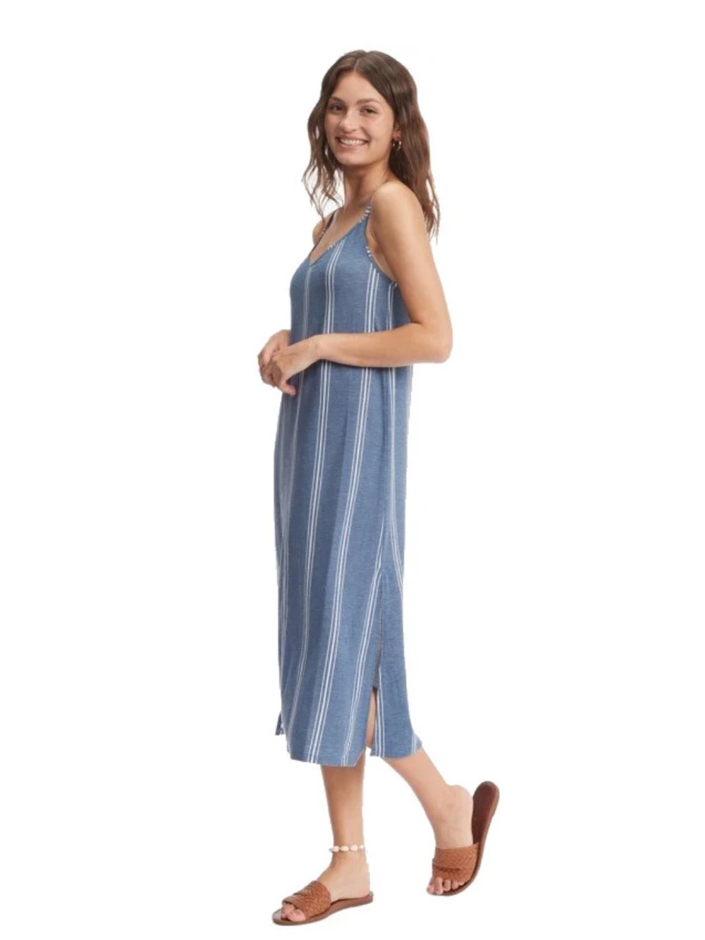 Roxy Promised Land Blue Gray Striped Slip Midi Dress Size M - Picture 2 of 14